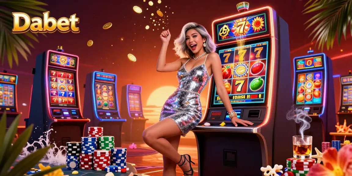 Dabet player celebrates a jackpot win at a lively slot machine with vibrant casino elements.