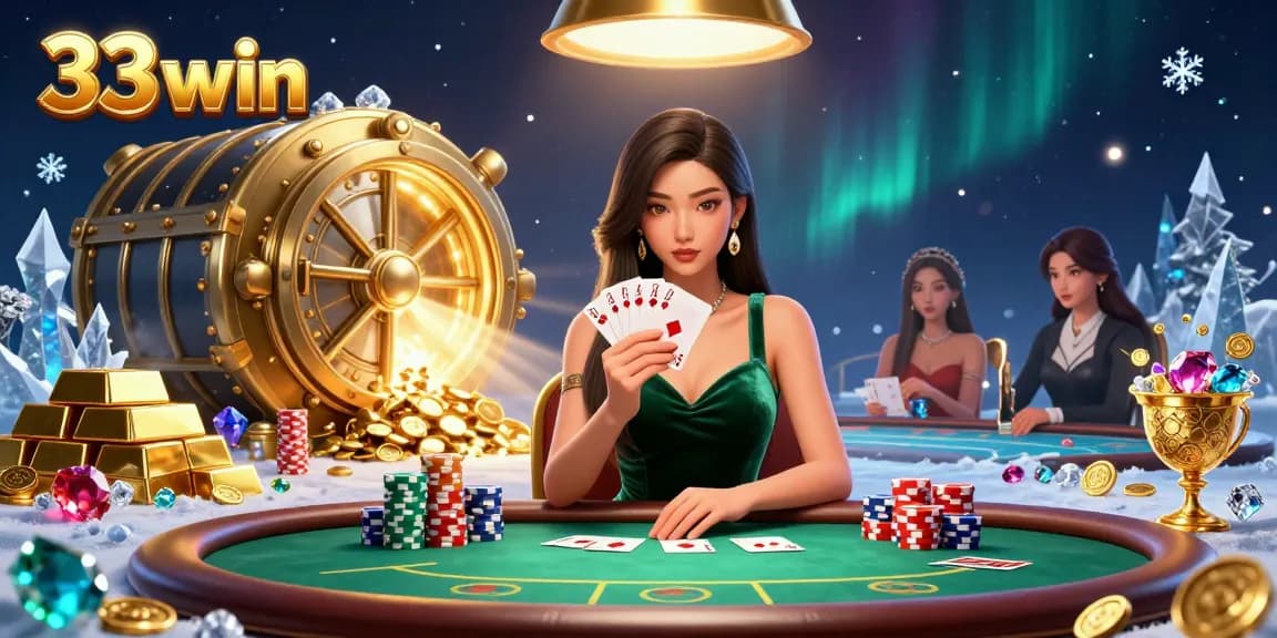 Experience the thrill of 33 win at a luxurious casino poker table with gems and gold treasures.