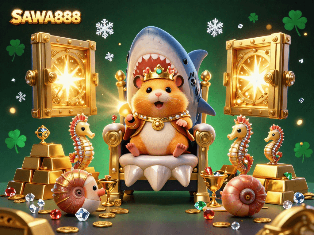Experience SAWA888 with a golden hamster king on a megalodon throne amidst treasures and excitement in a vibrant casino scene.