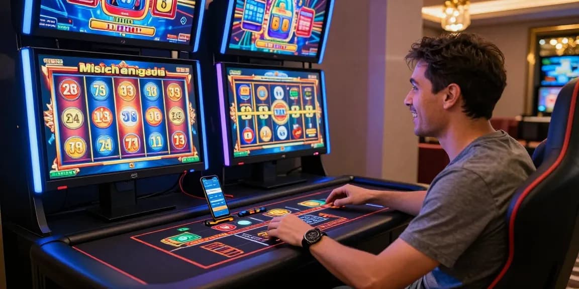 Player enjoying games at online casinos that accept credit cards on a high-tech gaming setup with vibrant displays and exciting atmosphere.