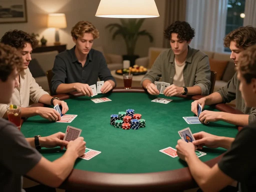 Players engaging intensely in a home poker game, showcasing strategic moments of 32win32.