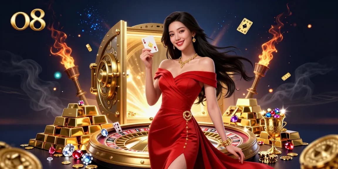 Dynamic scene of a beautiful young Asian woman showcasing o8 casino games with golden elements and roulette wheel.
