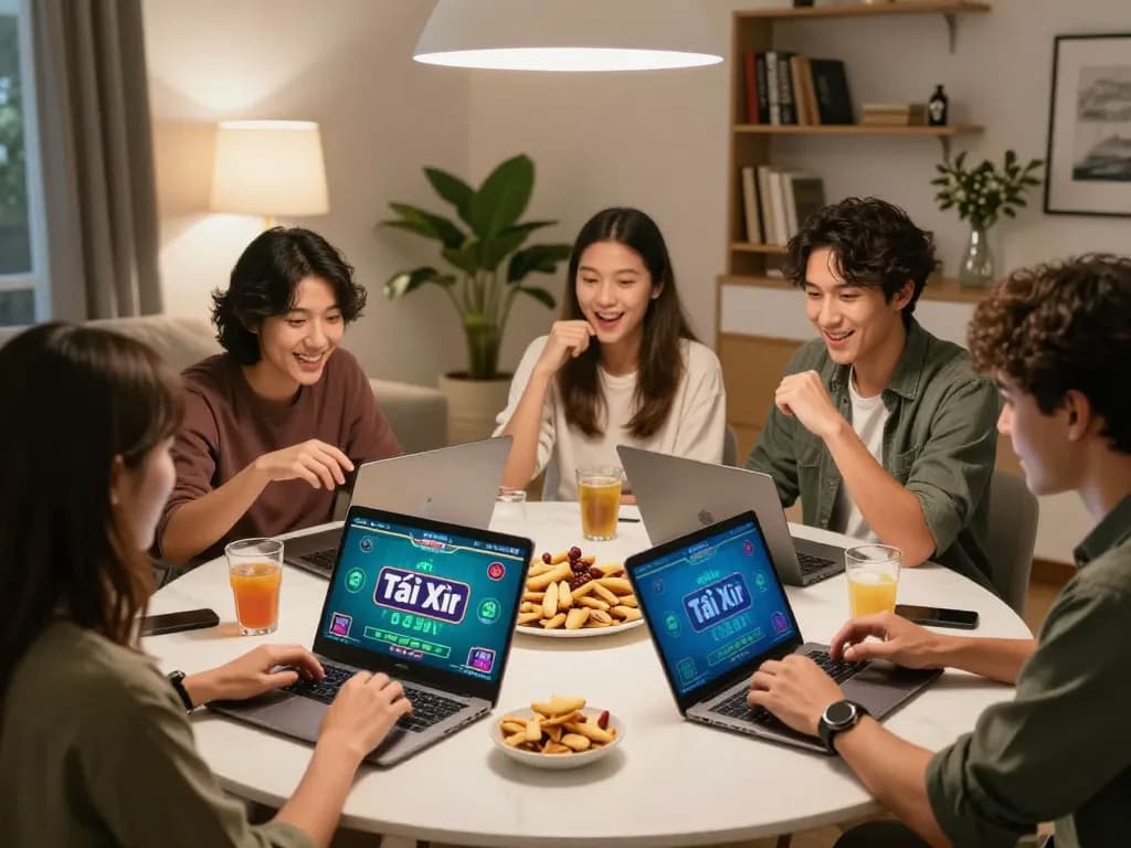 Tai Xiu Online game night with friends placing bets on multiple devices at home