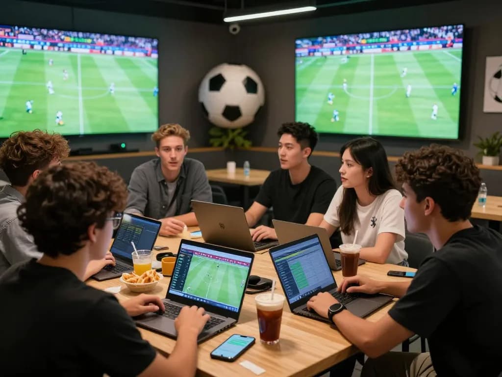 Friends enjoying live football betting on Nowgoal with laptops and smartphones in a vibrant sports lounge.