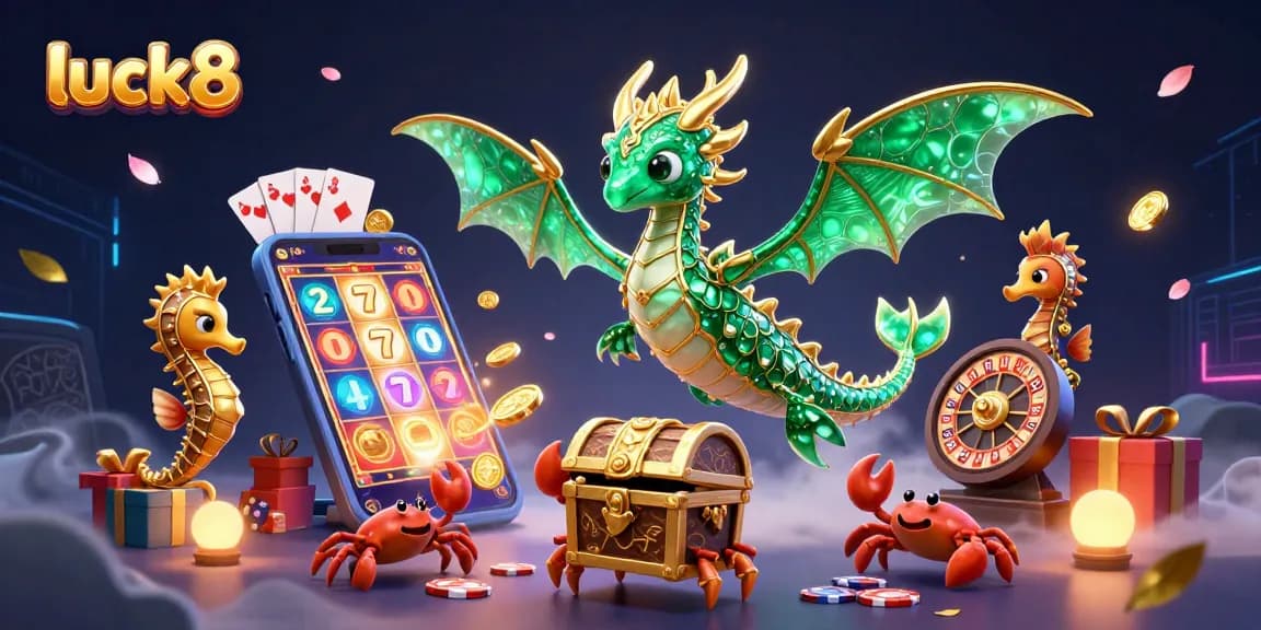 Experience luck8 with vibrant slot games, golden coins, and a magical sea dragon in this captivating casino scene.