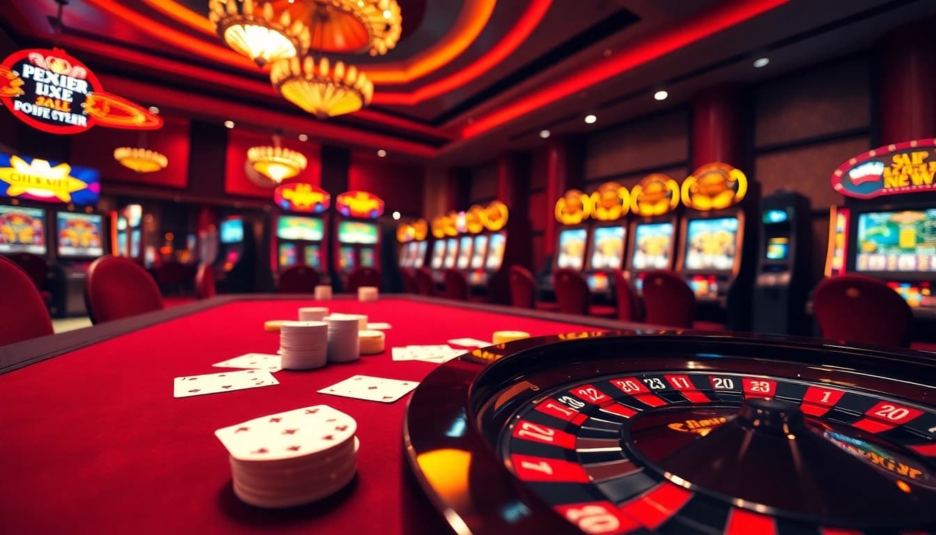 Engaging scene of a professional casino table reflecting nhà cái qq88 with poker chips, cards, and a roulette wheel.
