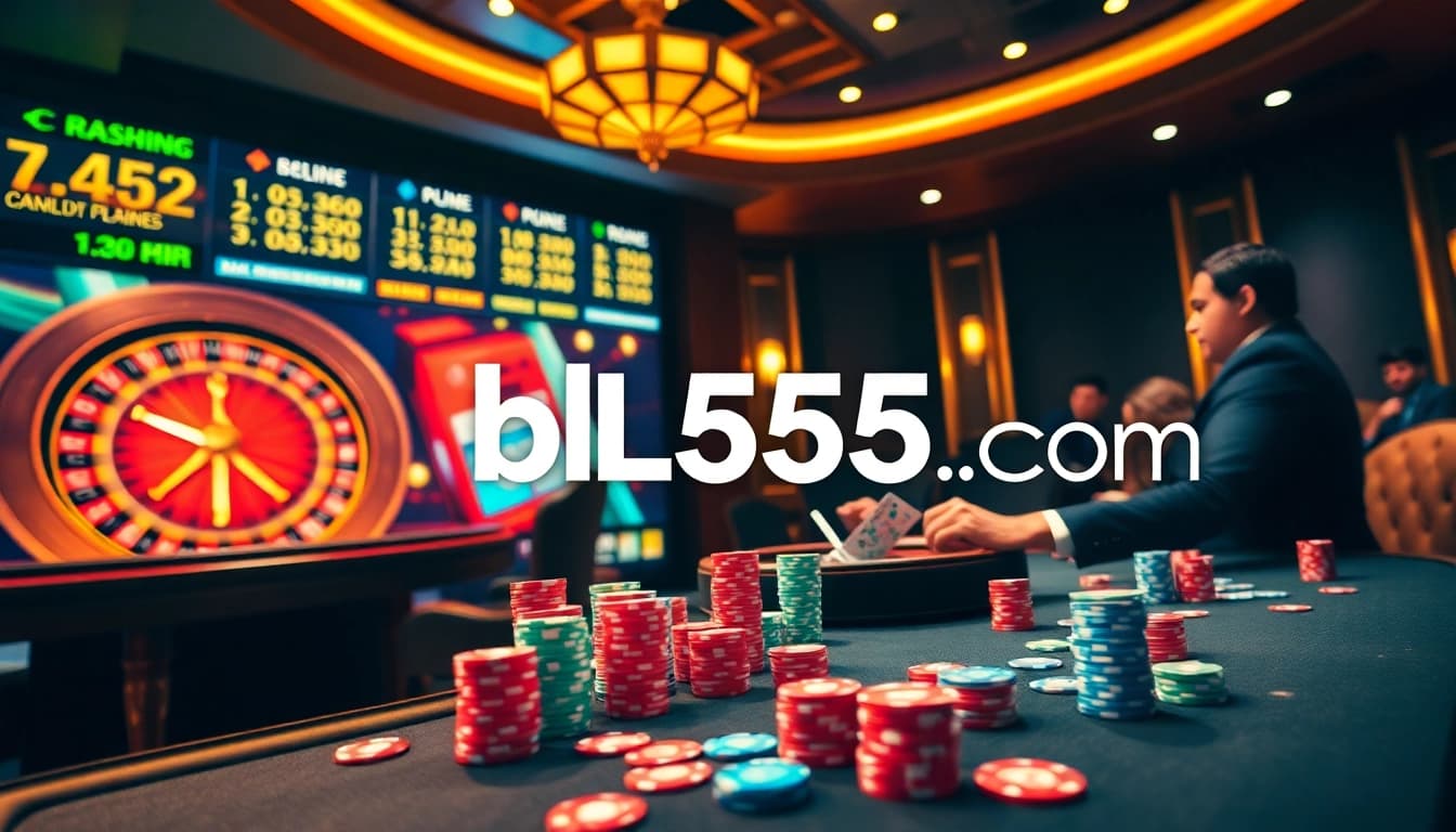 Engage with bl555 com in a luxurious casino setting filled with vibrant poker chips and an exhilarating roulette wheel.