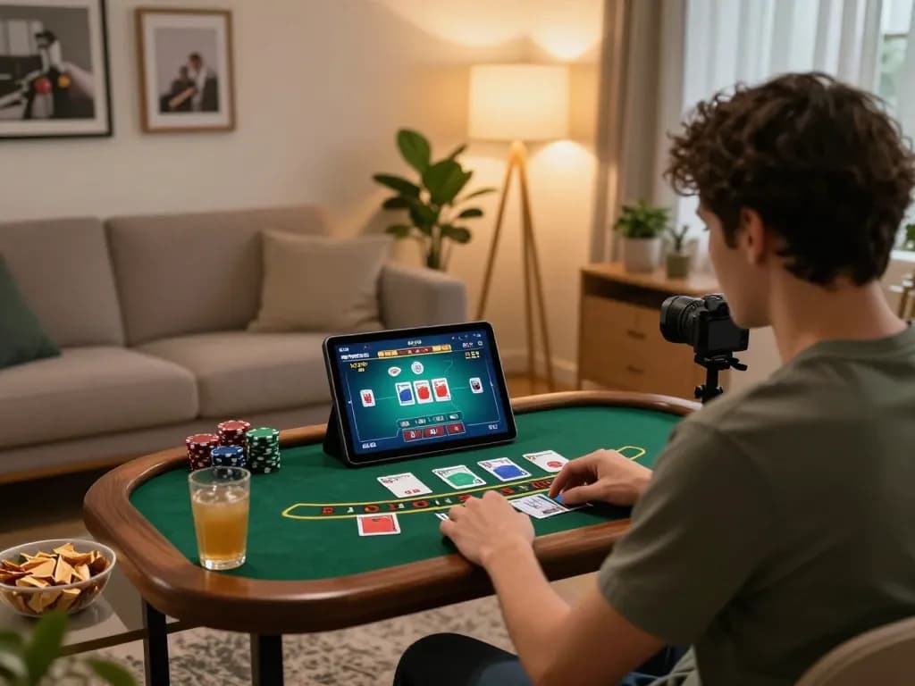 Player enjoying a live dealer blackjack game on cucu777 platform in a cozy home setting.