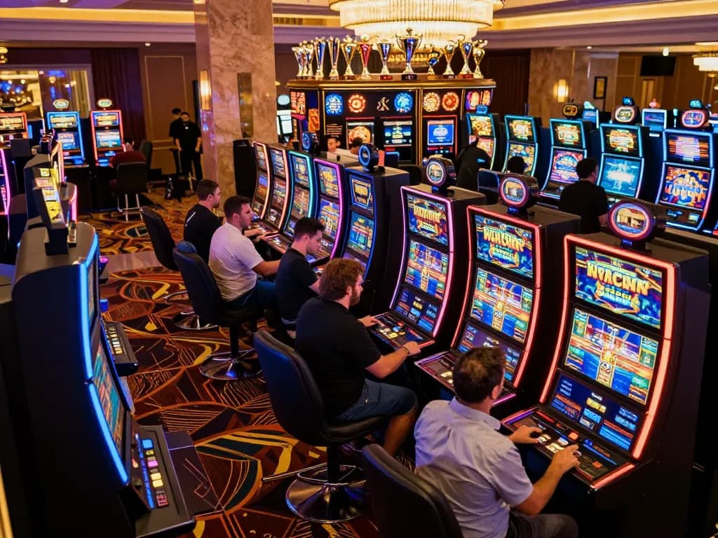 Players engaging in high-stakes gameplay at vibrant slot gacor machines, colorful lights illuminating the excitement.