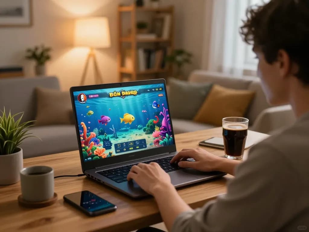Player engaging in exciting 789win bắn cá game on laptop in cozy home setting, showcasing online gambling's thrill.