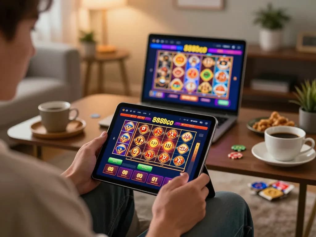 Player engaging with the 888bgo casino app on tablet, showcasing online gaming experience