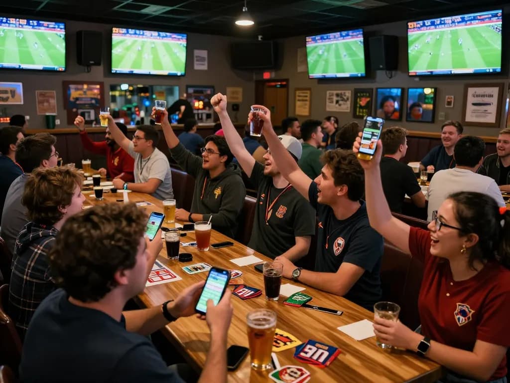 Fans engaging in sports betting while enjoying live football matches at a sports bar, showcasing nhận định bóng đá