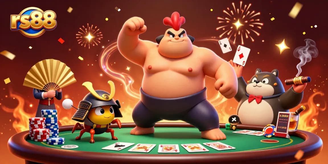 Experience thrilling rs88 gameplay with a sumo wrestler, cricket, and tanuki in a dynamic casino scene.