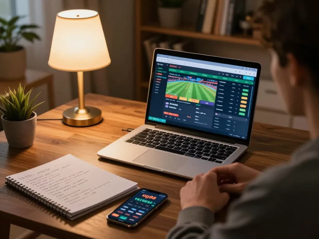 Engaging with the ug88 online casino app for sports betting in a cozy home setup, emphasizing strategy.