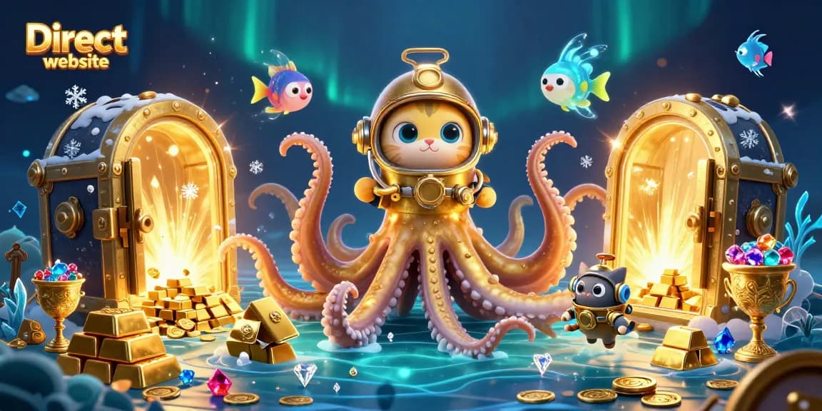 Immerse in the thrill of the Direct website with a colossal kraken and diving cat exploring treasure-filled depths.
