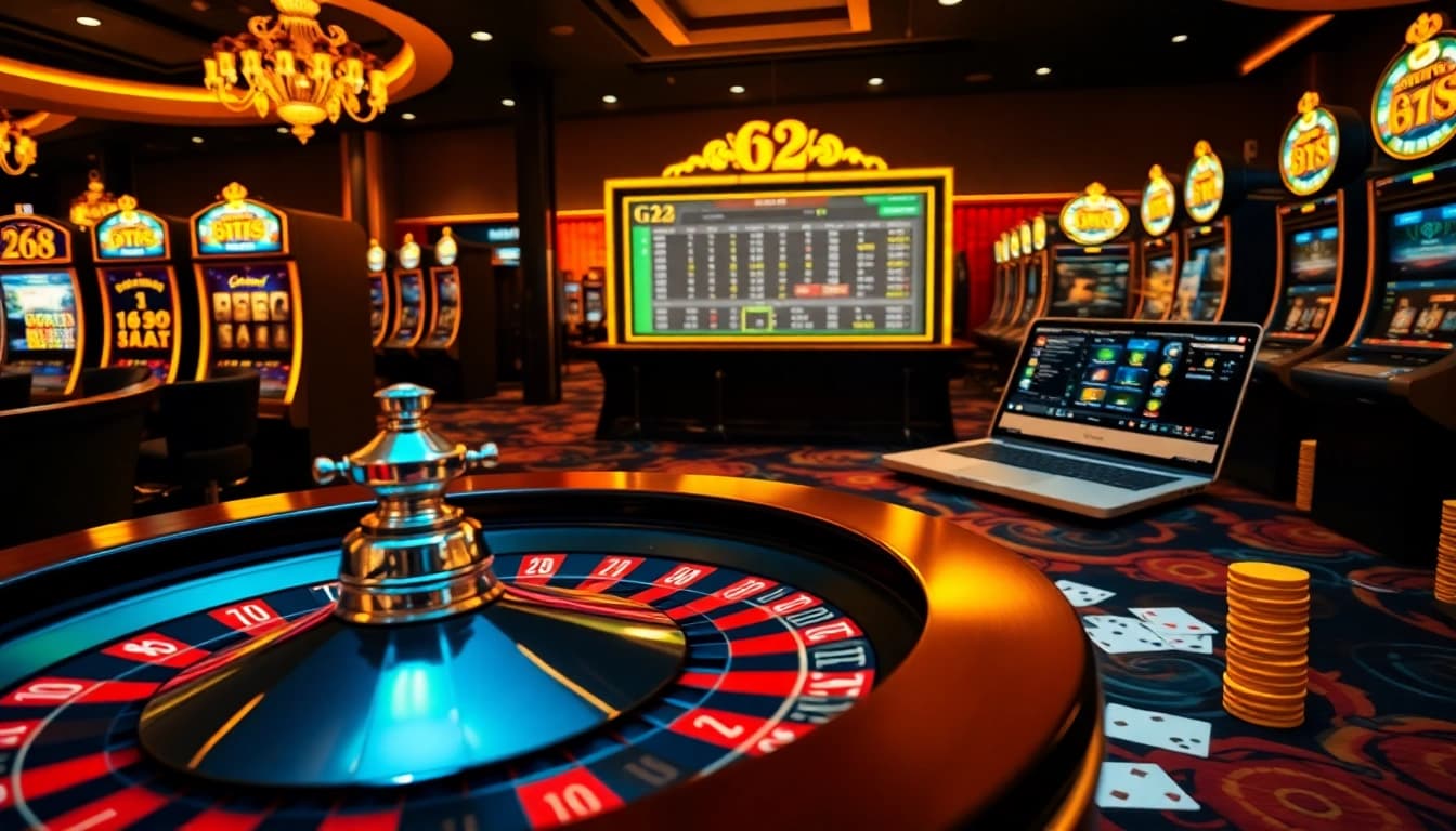 G28 players enjoying a vibrant casino experience with roulette wheels and poker chips.