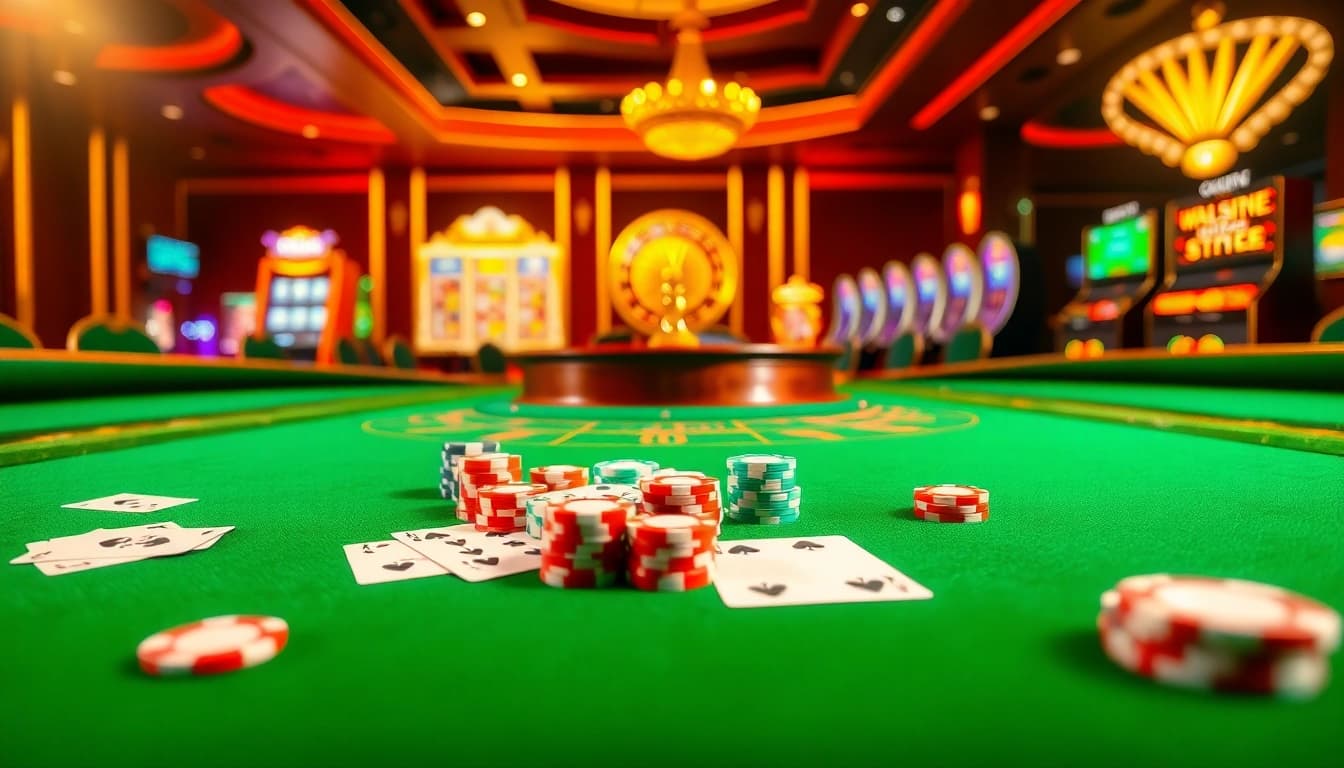 Experience the excitement of online gambling on trang chủ hello88 with vibrant casino tables and slot machines.