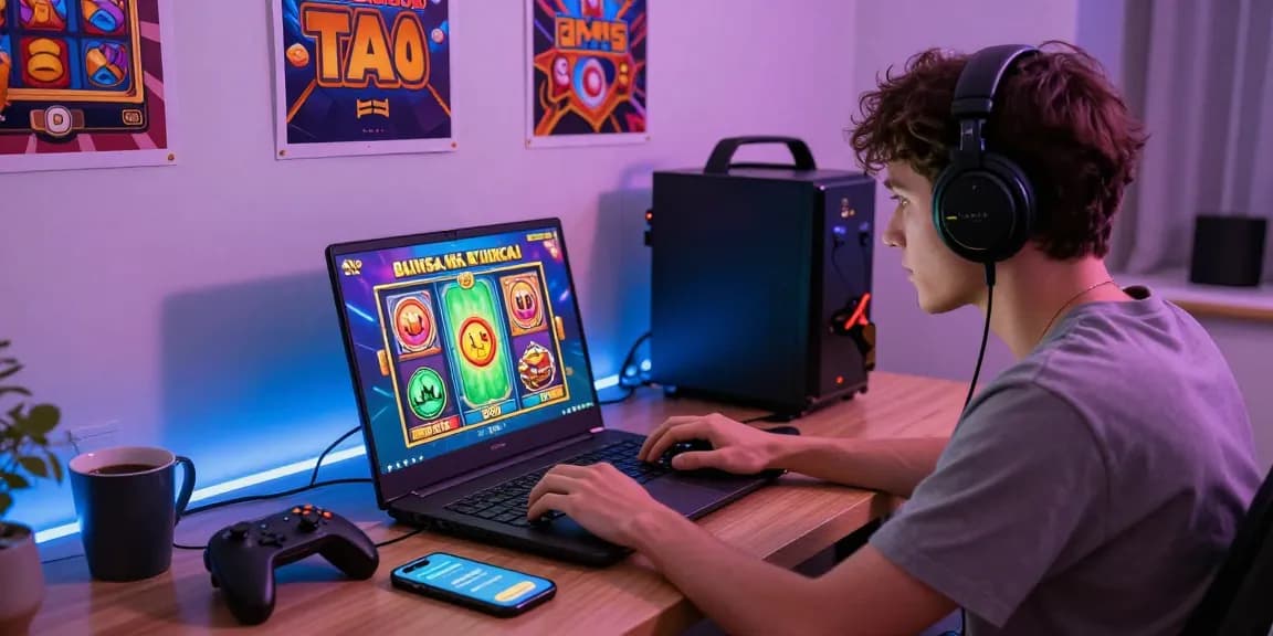 Player enjoying exciting buy feature slots game on laptop in a vibrant gaming setup.