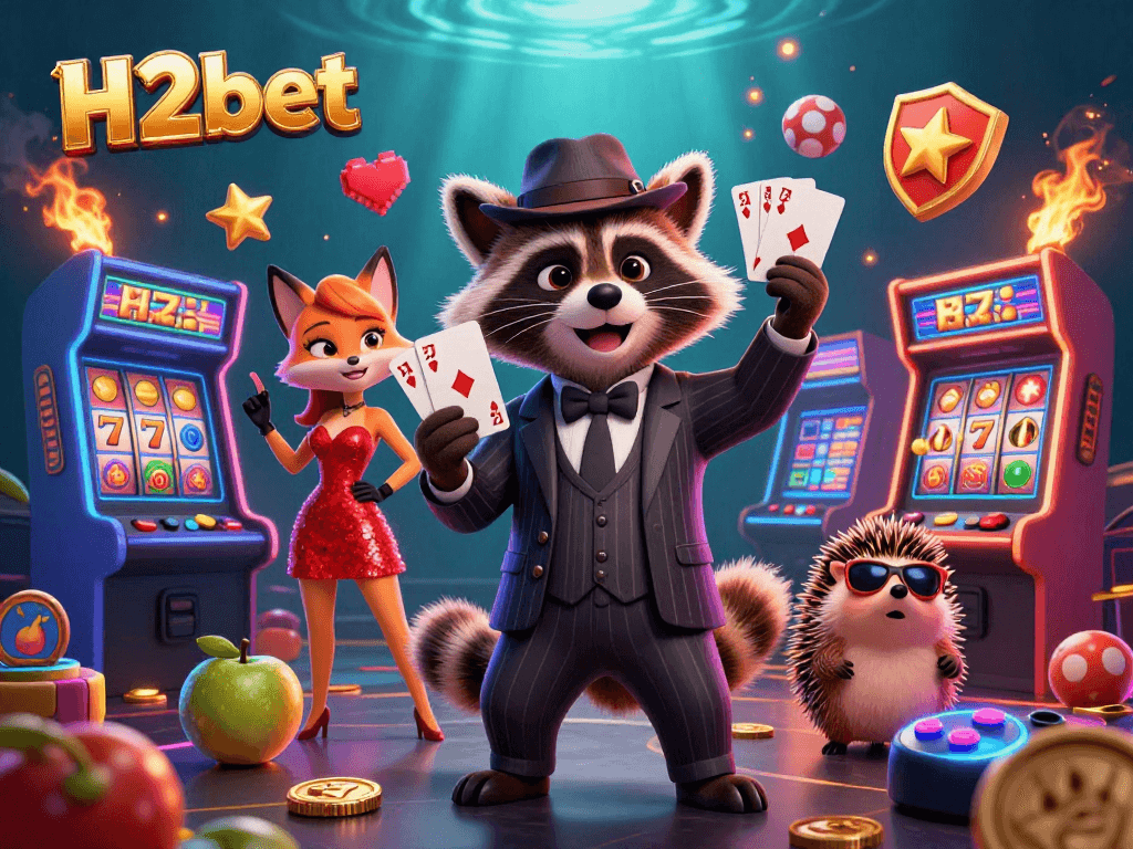 Experience thrilling gameplay with H2bet's vibrant casino scene featuring a suave raccoon and friends.