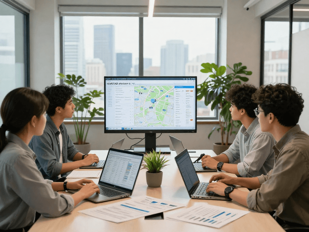 Team discussing IDXSTAR platform in a modern office setting, showcasing collaborative real estate technology.