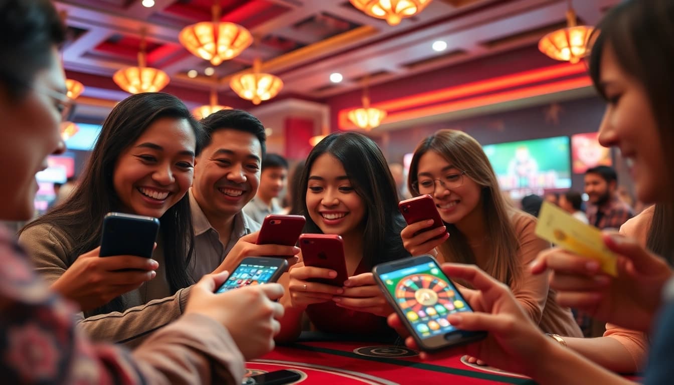 Exciting scene of players engaging with Ho88 online casino games on smartphones, showcasing a vibrant and welcoming atmosphere.