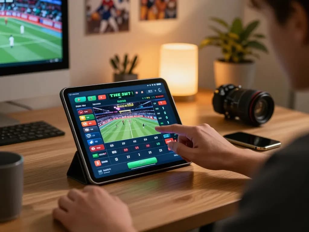 Person betting on sports using zbett mobile app at stylish home workspace