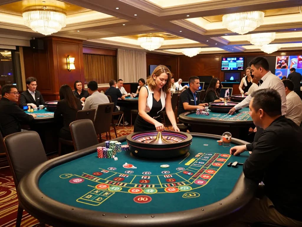 Players enjoying live roulette at 98win1 casino, vibrant atmosphere of strategic gambling action.