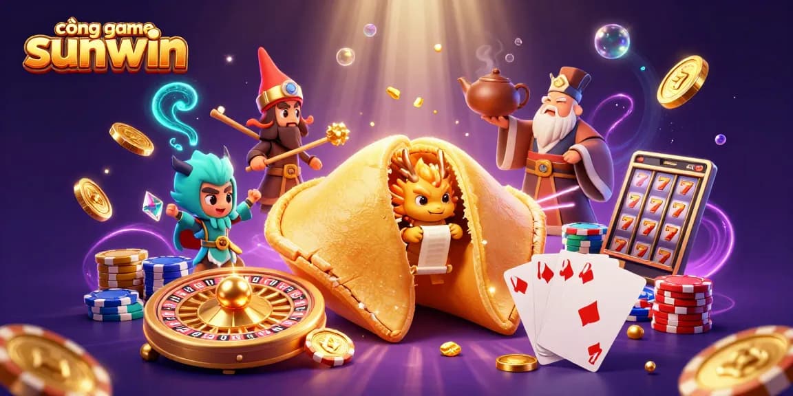 Play exciting games at cổng game sunwin with vibrant 3D visuals of fortune cookies, treasure, and dynamic coins.