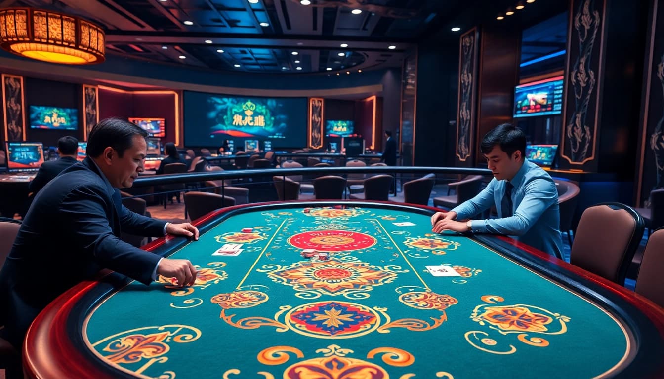 Xóc đĩa online hỗ trợ tiếng Việt with engaging players at a vibrant casino table, capturing the excitement of online gambling.