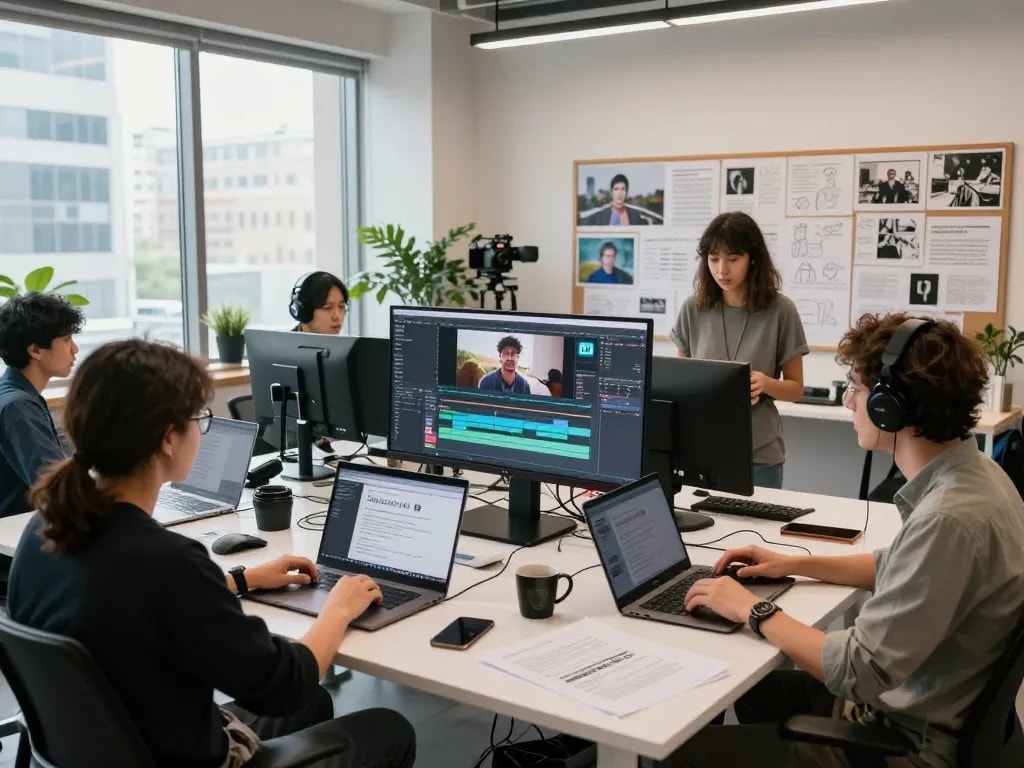 Collaborative team using Seedance AI for video production in a modern studio.
