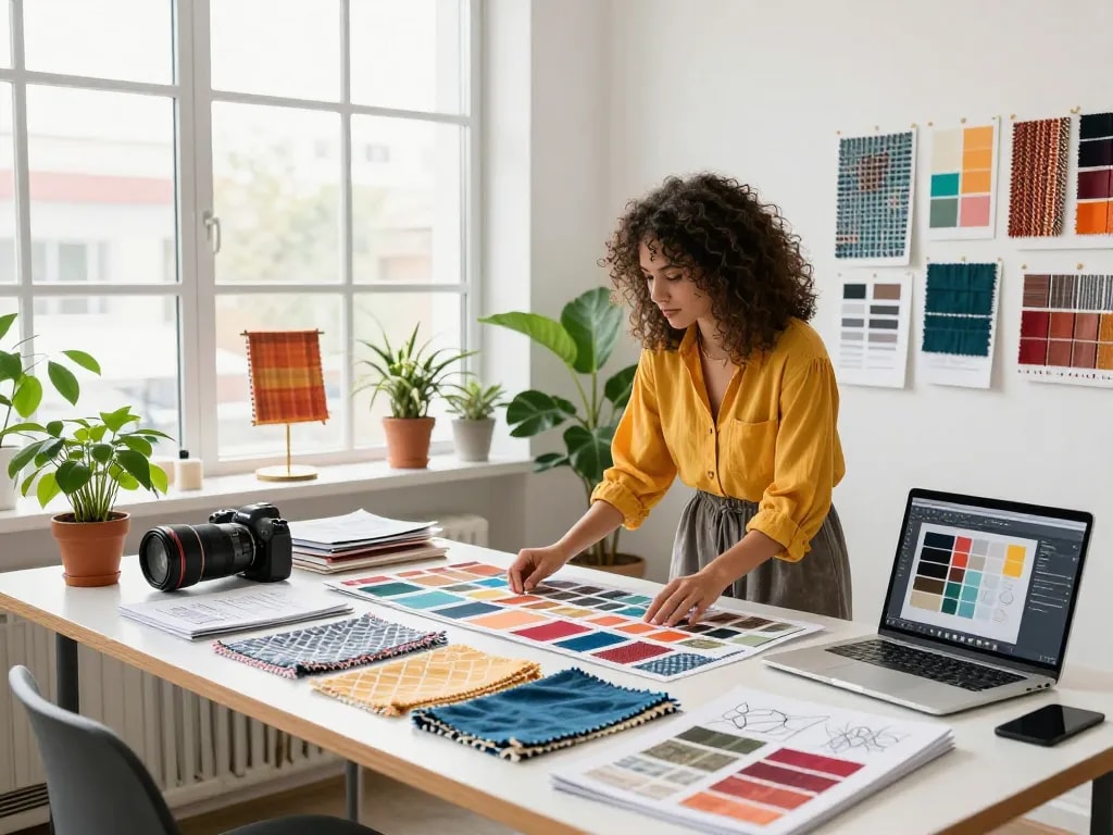 Textile designer exploring fabric samples and colors at Sunwin studio.