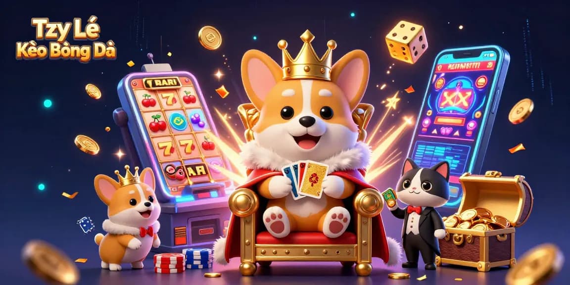 Tỷ Lệ Kèo Bóng Đá - Thrilling casino scene with corgi royalty, slot machines, and vibrant gaming elements
