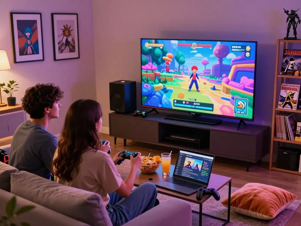 Couple enjoying porn games together on a TV in a cozy room with snacks and warm lighting.