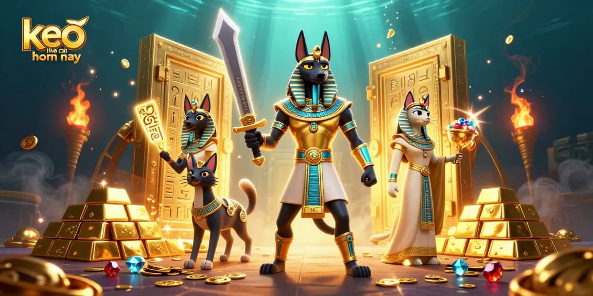 Engage with keo nha cai hom nay, featuring Anubis and Bastet in a dynamic casino scene.