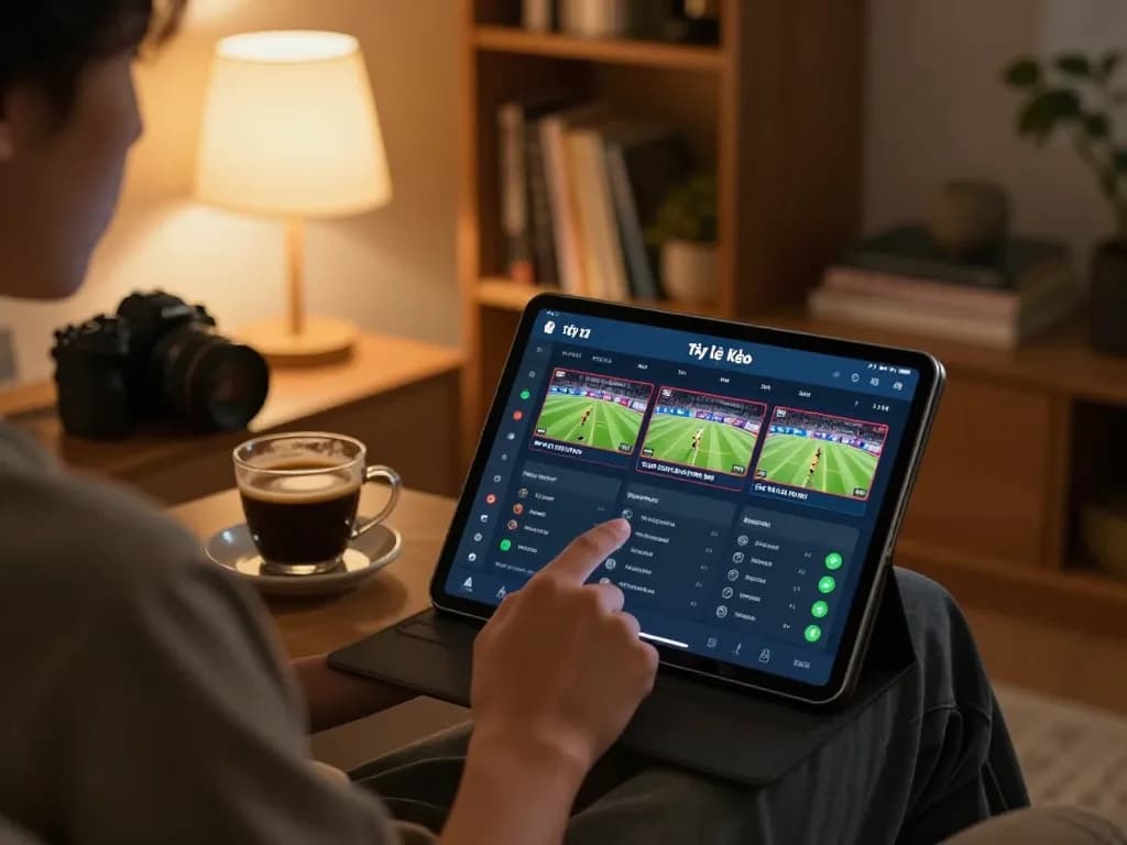 Tỷ Lệ Kèo displayed on tablet as a person engages in strategic online sports betting at home.