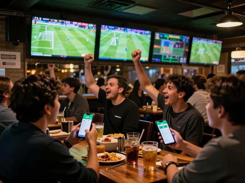 Bongdalu users place bets on smartphones amidst excited fans in a lively sports bar.
