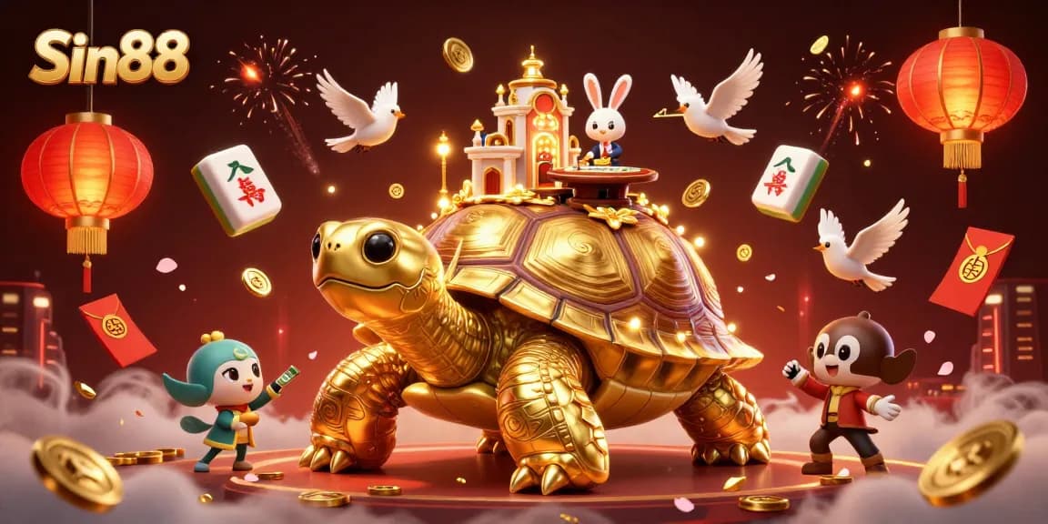 Experience Sin88 with excitement in a vibrant 3D casino scene featuring a golden tortoise and a rabbit dealer.