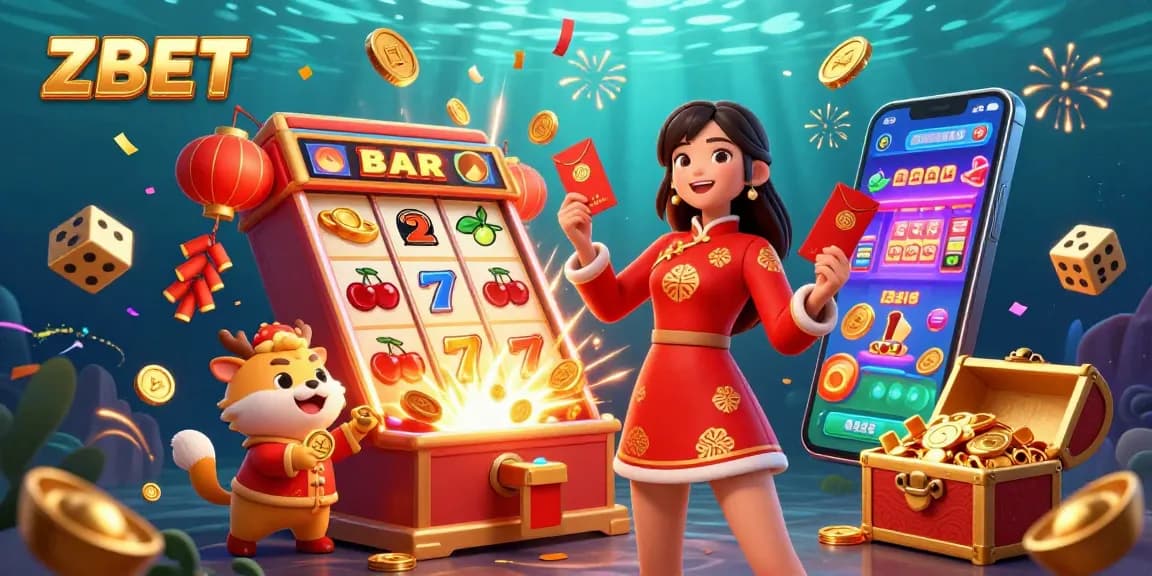 ZBET casino promotional image showcasing slot machines and festive characters, celebrating the thrill of online gambling.