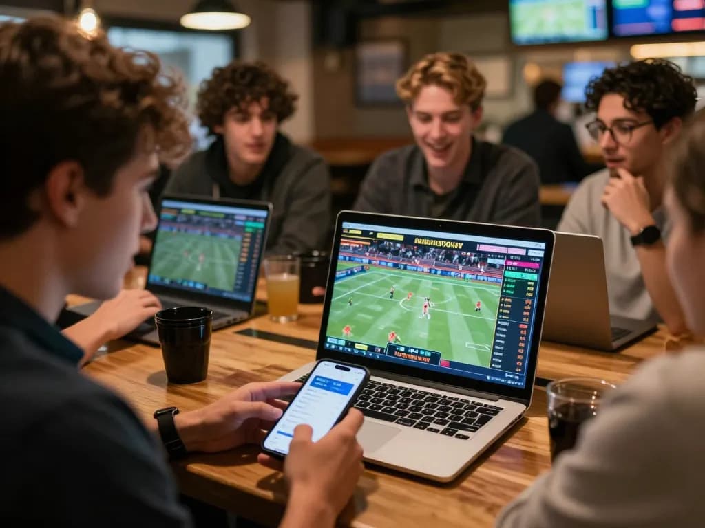 Engaged sports bettor analyzing odds on 1Gom betting app during live games with friends.