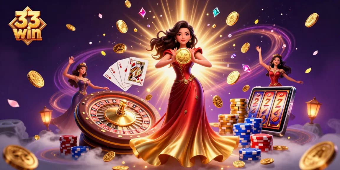 Experience the excitement of 33 win with photorealistic characters and dynamic casino elements in this stunning illustration.
