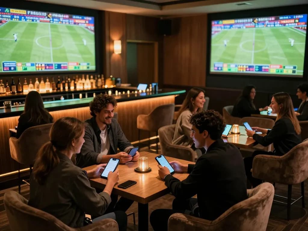 Excited patrons actively engaging in sports betting at a lounge, showcasing 7mcn mobile betting apps in high-energy atmosphere