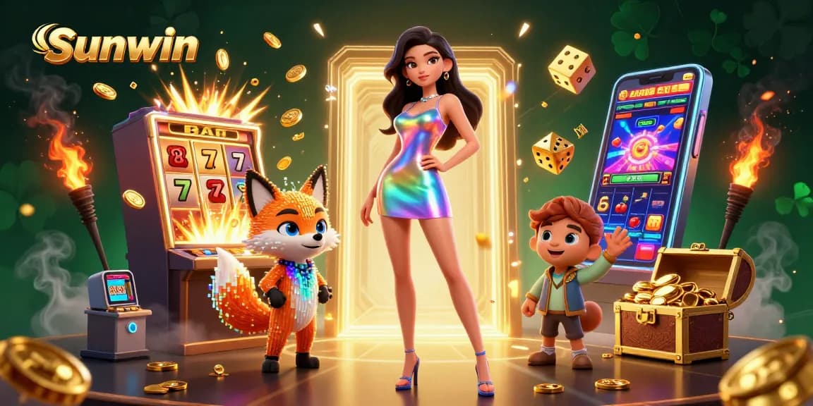 Win exciting jackpots with Sunwin's vibrant casino experience featuring a dazzling woman and colorful fox.