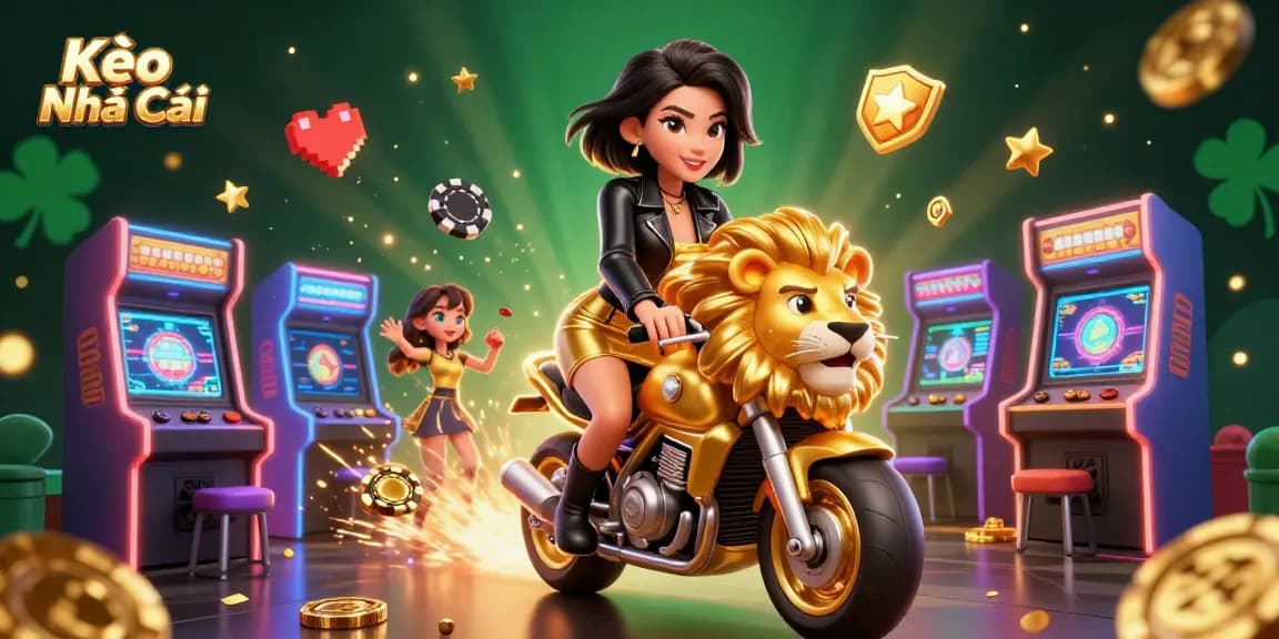 Engaging scene of Kèo Nhà Cái with glamorous Asian woman riding a golden lion, surrounded by vibrant casino elements.