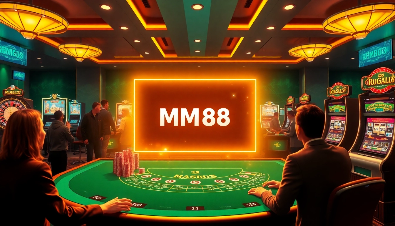 Engage with the exciting world of mm 88 as players enjoy a vibrant casino experience with poker tables and slot machines.