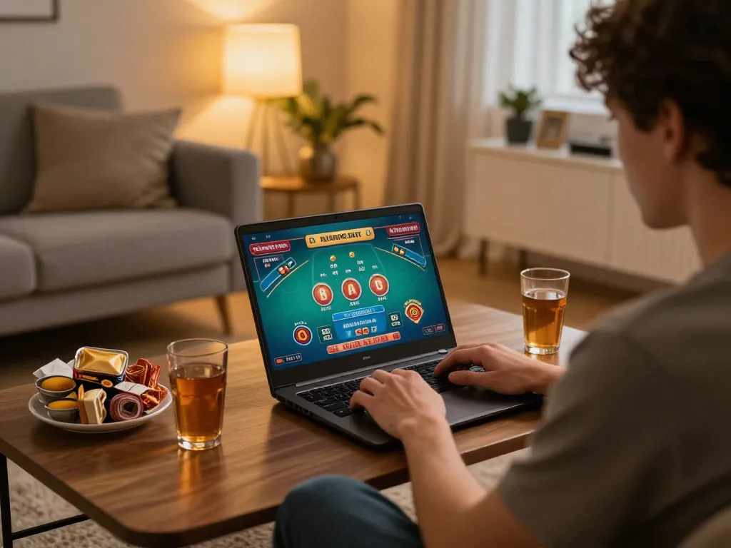 Sv368 player engaging in live casino Baccarat at home, showcasing modern gaming setup and comfort.