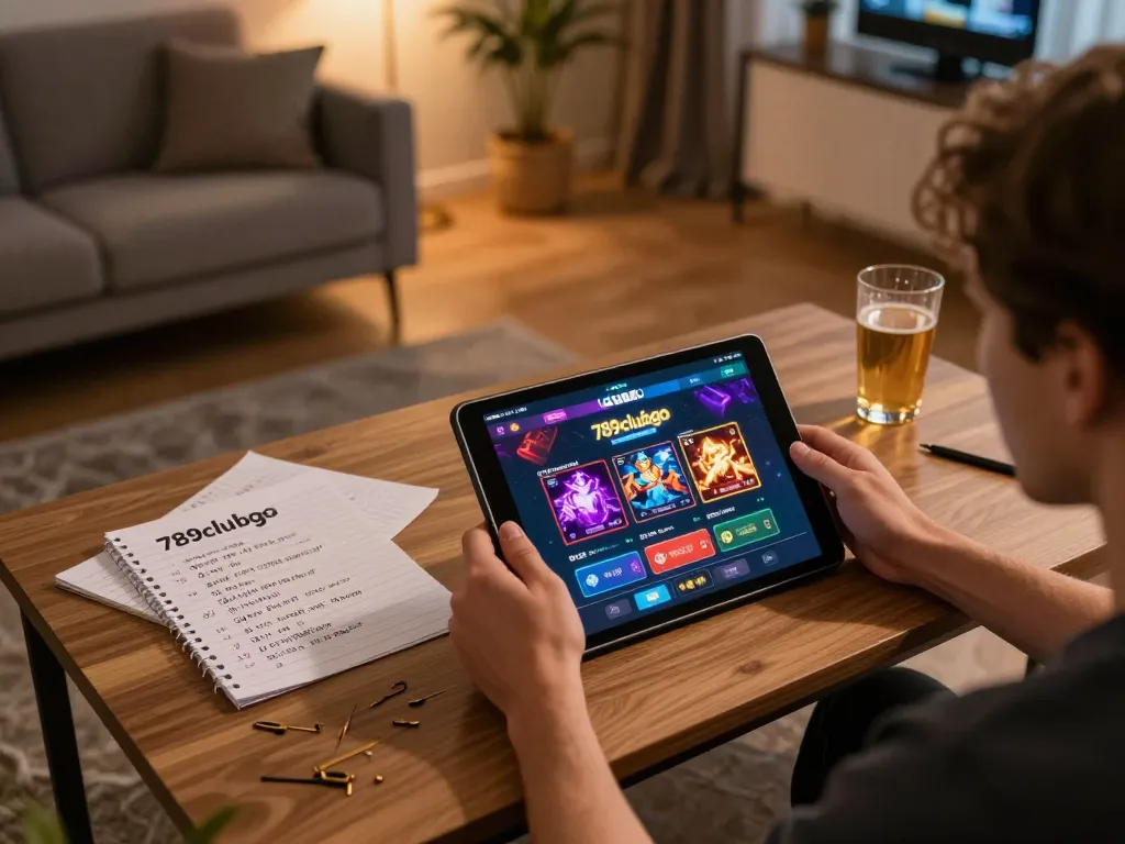 Engaging with the 789clubgo casino app on a cozy tablet setup, showcasing dynamic online gaming.