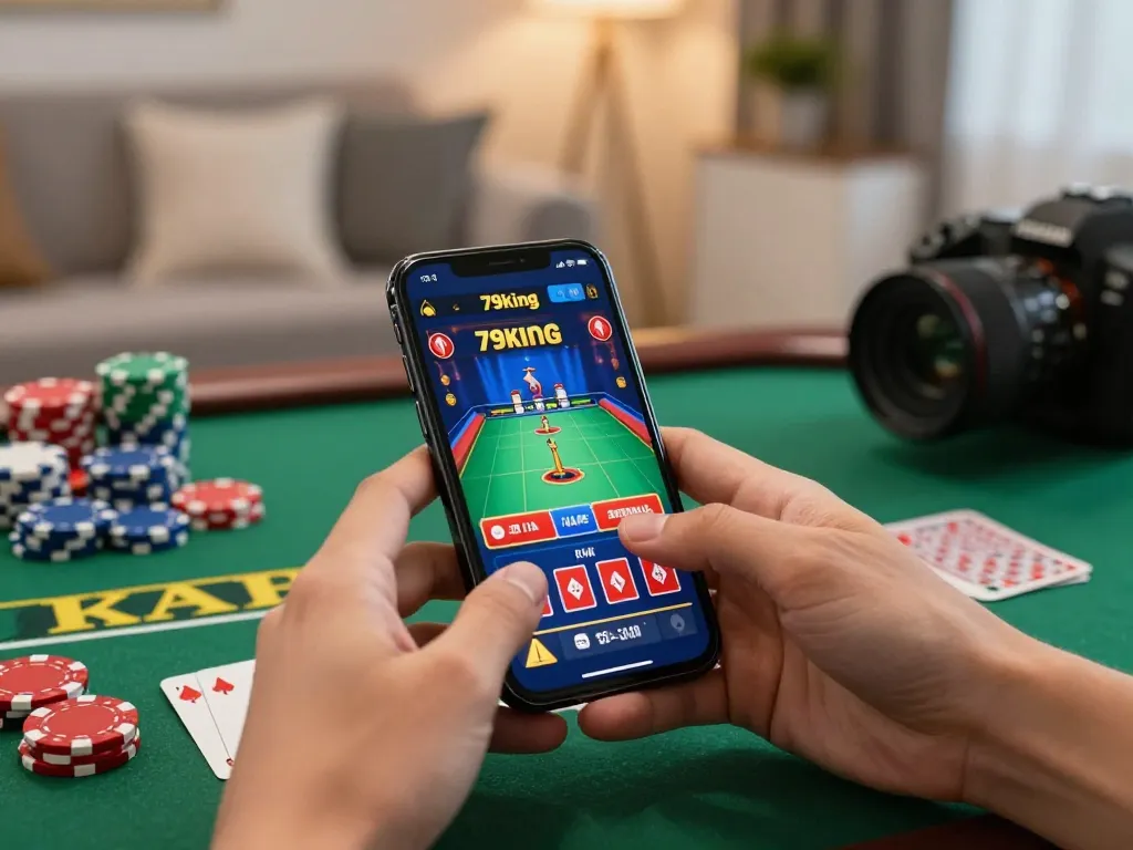 Playing the 79king betting app on a smartphone in a cozy gaming setup with vibrant cards.