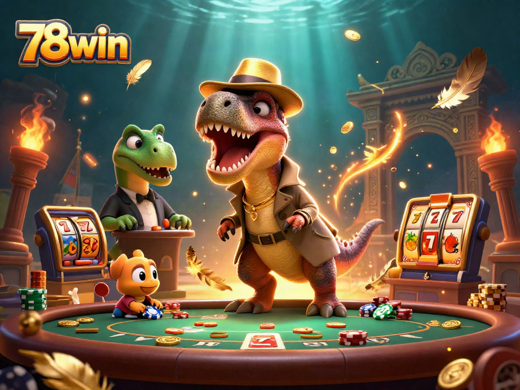 Engage in thrilling gameplay at 78win with animated velociraptor at blackjack, showcasing dynamic casino elements.