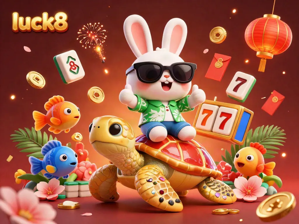 Engage with luck8's vibrant casino atmosphere featuring a lucky rabbit on a golden turtle, celebrating with floating slot reels.
