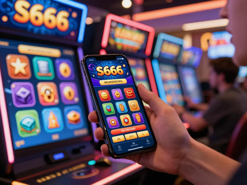 S666 app showcased on smartphone amidst dynamic online gaming environment.